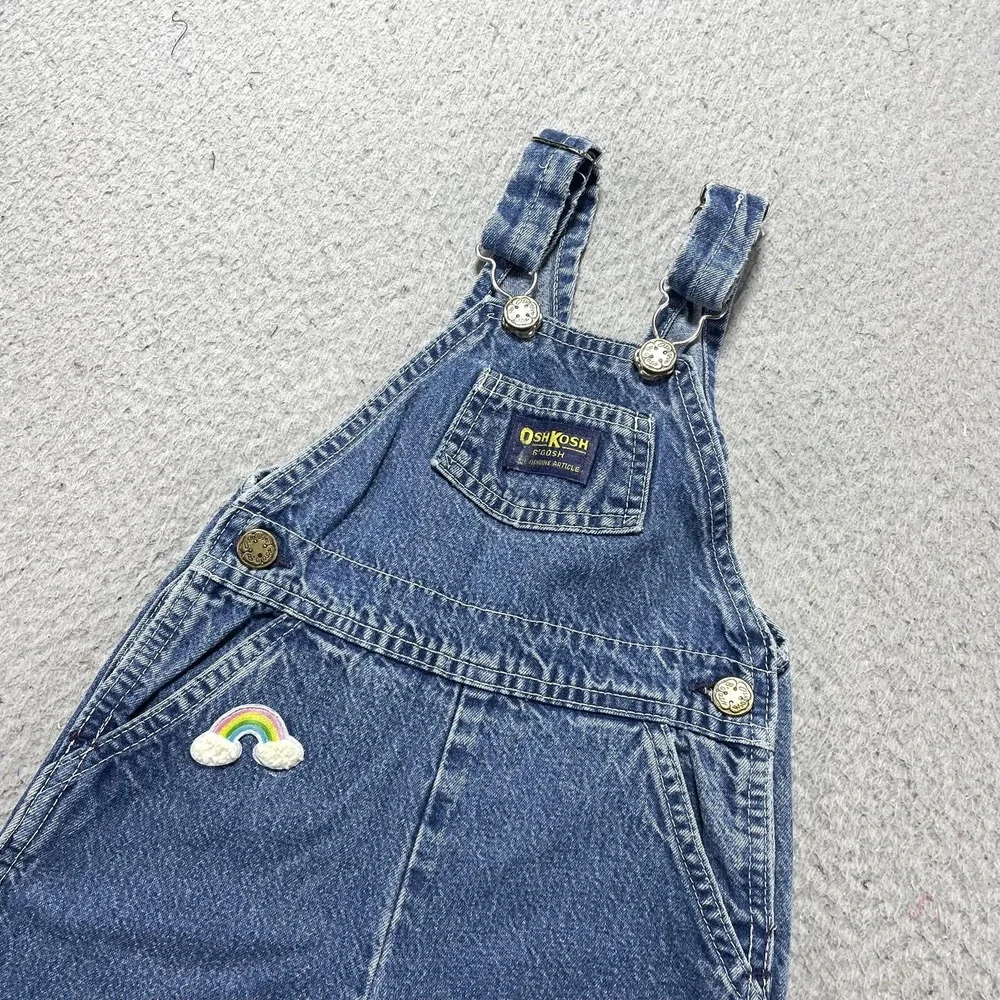 Vintage OshKosh B'gosh Overalls Infant Girls 18M Blue Denim Llama Rainbow USA *